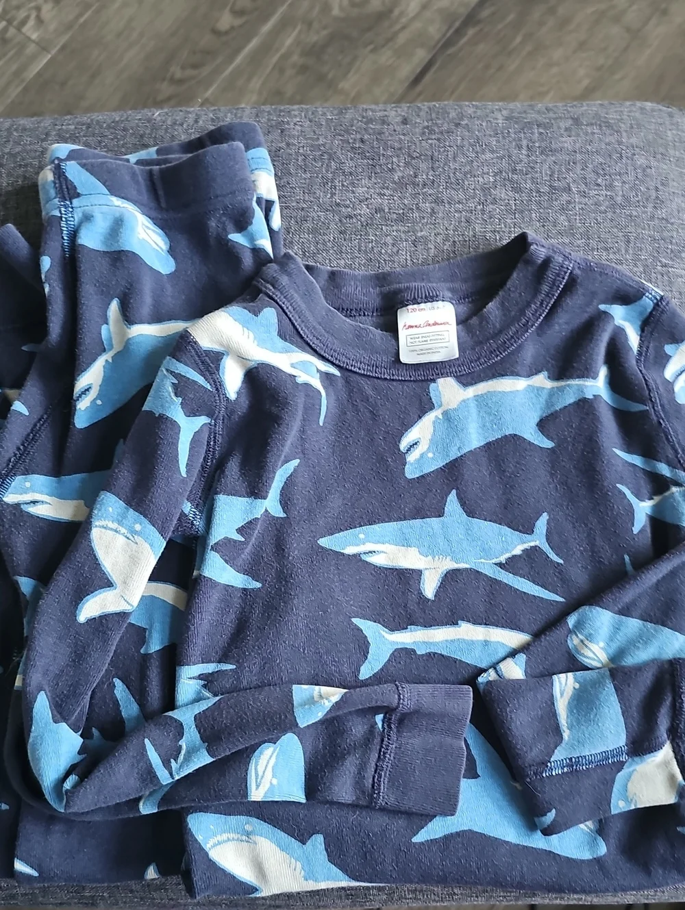 Hanna Andersson Pajama Set Blue Long-Sleeve Shirt Shark Print Size 6 7 Boy Girl